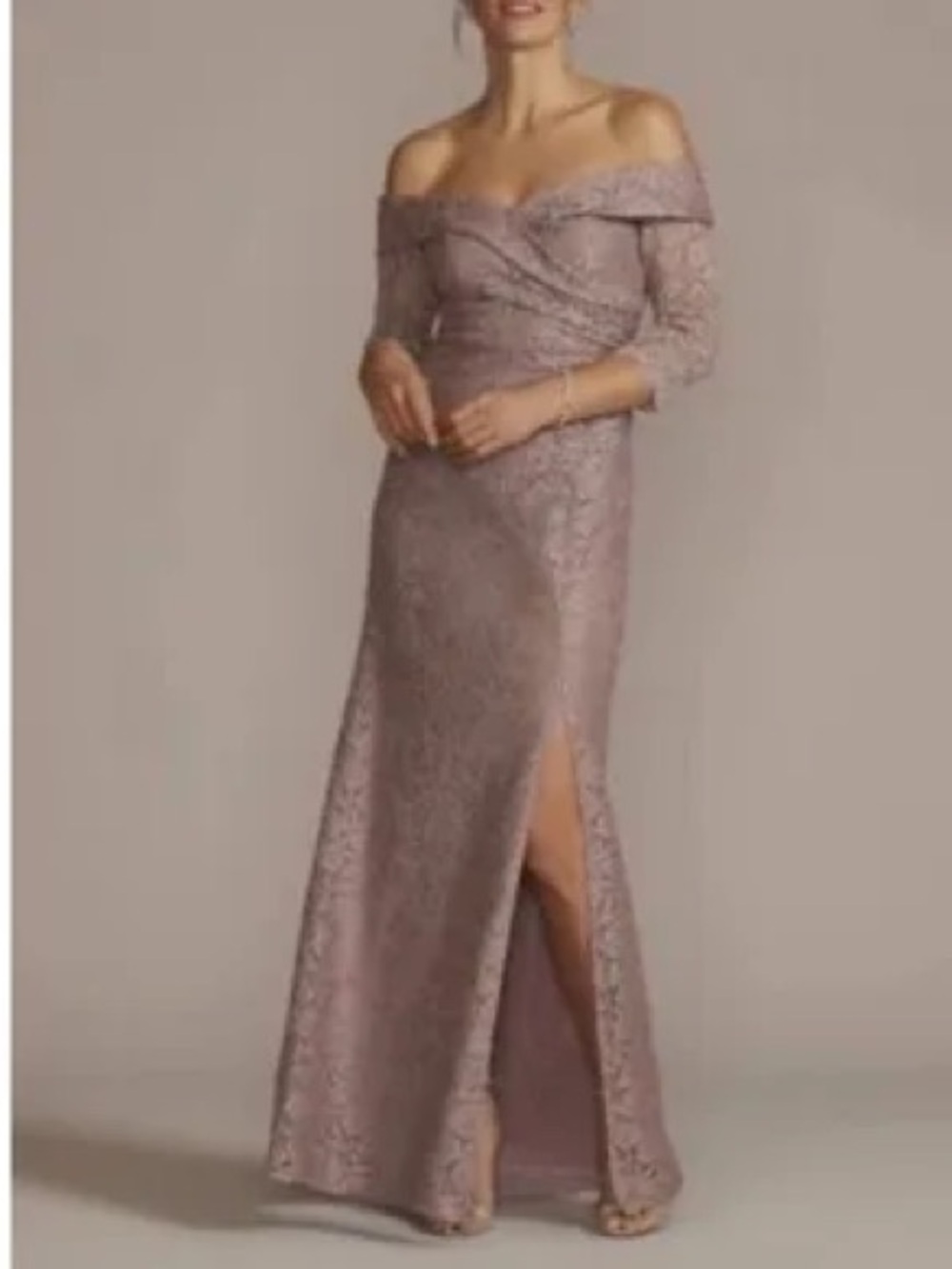NWT Oleg Cassini Shimmering Mauve Off Shoulder Lace Gown